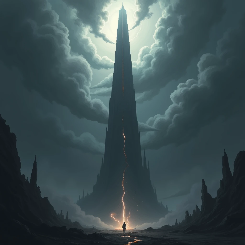 a thin and very tall tower, reminiscent of the tower of babel, as if reaching the heavens, the sky has clouds as if it were pierced by the tower, no people appear in the scene, the dark and obscure scene, There is a feeling of tension as the tower breaks and collapses.