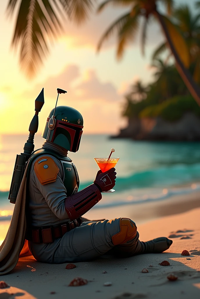 Pacific island coast、evening、Boba Fett sitting on a white sand beach drinking a cocktail、Star Wars、movie、Mandaean、