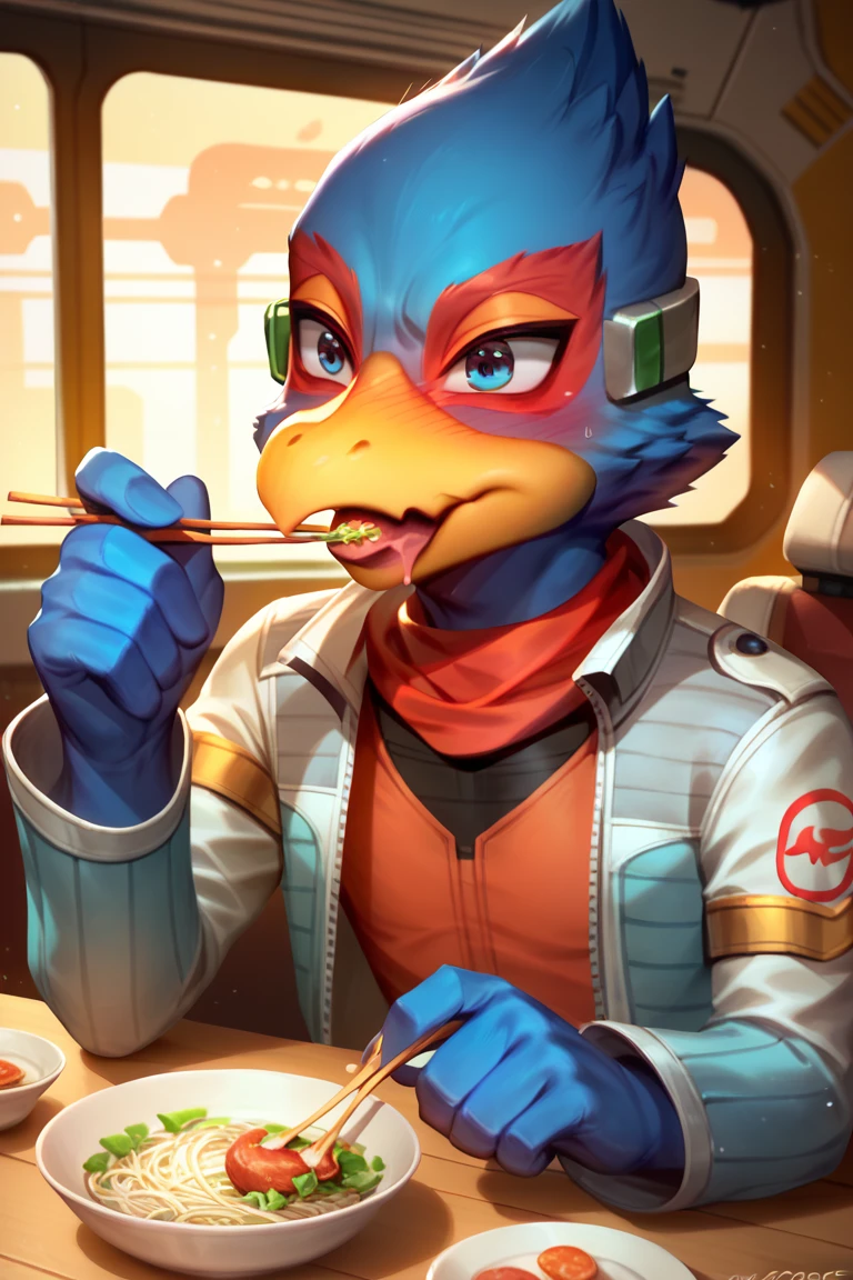 score_9, score_8_up, score_7_up, dcore_6_up, 1boy, solo, Falco lombardi, inside spaceship, beckoning, straight on, nsfw, eating, eating udon, chopsticks in one hand, slurping noodles, embarrassed face, shy expression. detailed face, high resolution, drooling from mouth,