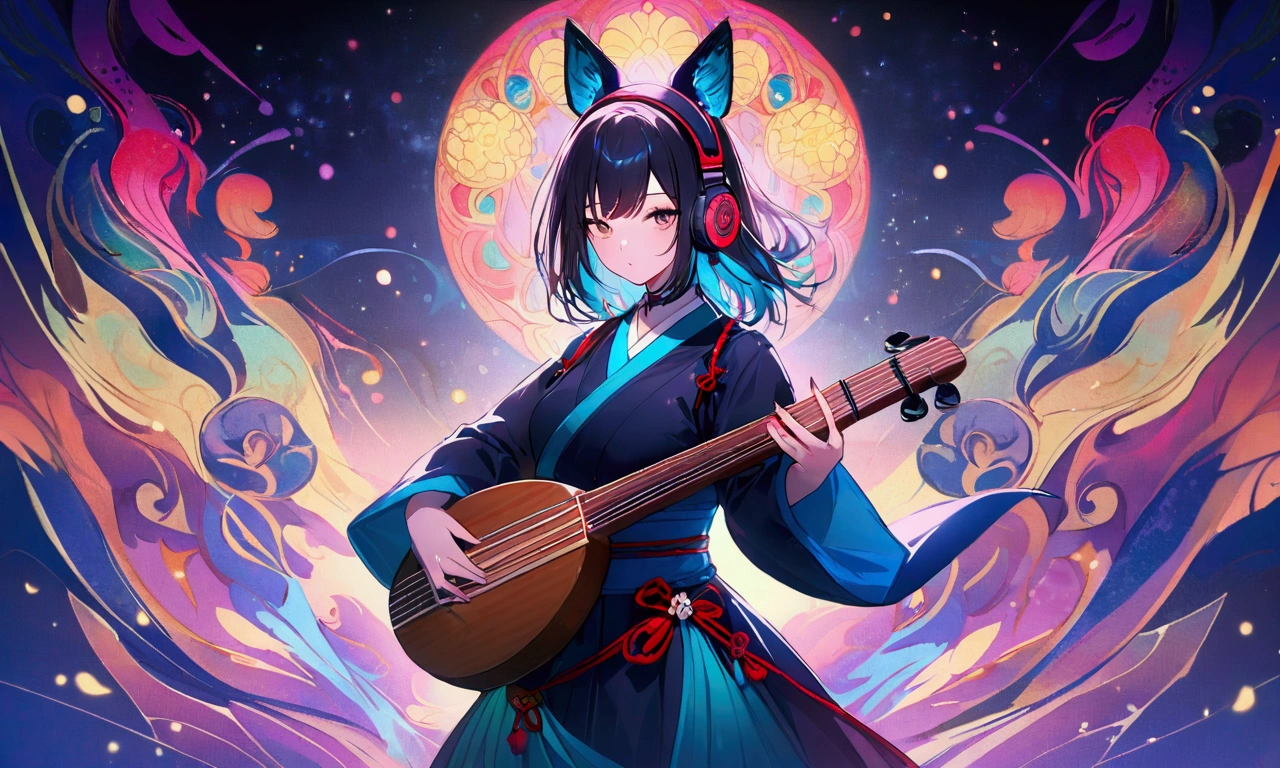 "Moonlit Performance: Samurai with Shamisen and Drum & Bass Vibes" An energetic close-up of a female samurai playing a shamisen, her distinctive makeup and modern headphones standing out. The moonlit night and bright, colorful backdrop highlight the fusion of traditional shamisen music with Drum & Bass rhythms. The image conveys a sense of vibrant energy and festive spirit.
