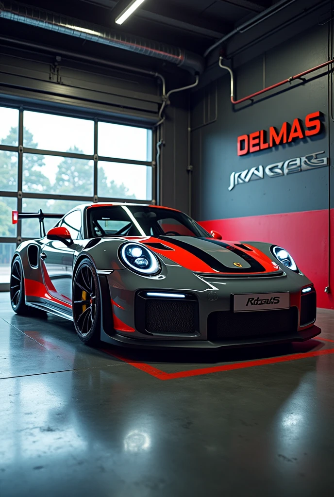 Create a 4K photo of a Porsche GT3RS, in a magnificent garage, sur le mur ecrit (DELMAS RACING CAR) c'est le nom du garage 