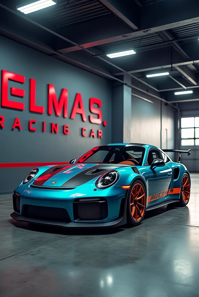 Create a 4K photo of a Porsche GT3RS, in a magnificent garage, sur le mur ecrit (DELMAS RACING CAR) c'est le nom du garage