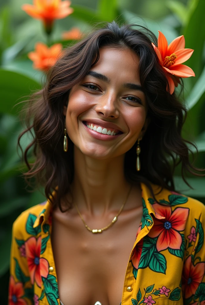 A Brazilian woman in a lush tropical garden, wearing an open shirt with a floral print, with a close-up capturing the harmonious beauty and natural flowers, showing off your natural charm and outgoing personality, indigenous man with a bag and a crossbow weapon