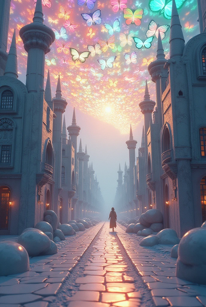 from below, 3D drawing art, fantasy world, made of carved from pearl platinum crystal, the streets of the royal capital of a fantasy world protected by a transparent barrier, the floating city, the sky filled with colorful magic circles, the vibrant iridescent butterflies made of stained glass, shadows, contrast, conceptual installation art, (ultra detailed, absolutely resolution, best quality:1.3), 2.5D, delicate and dynamic effects, iridescent lighting effects, artistic photography, hyper realistic
