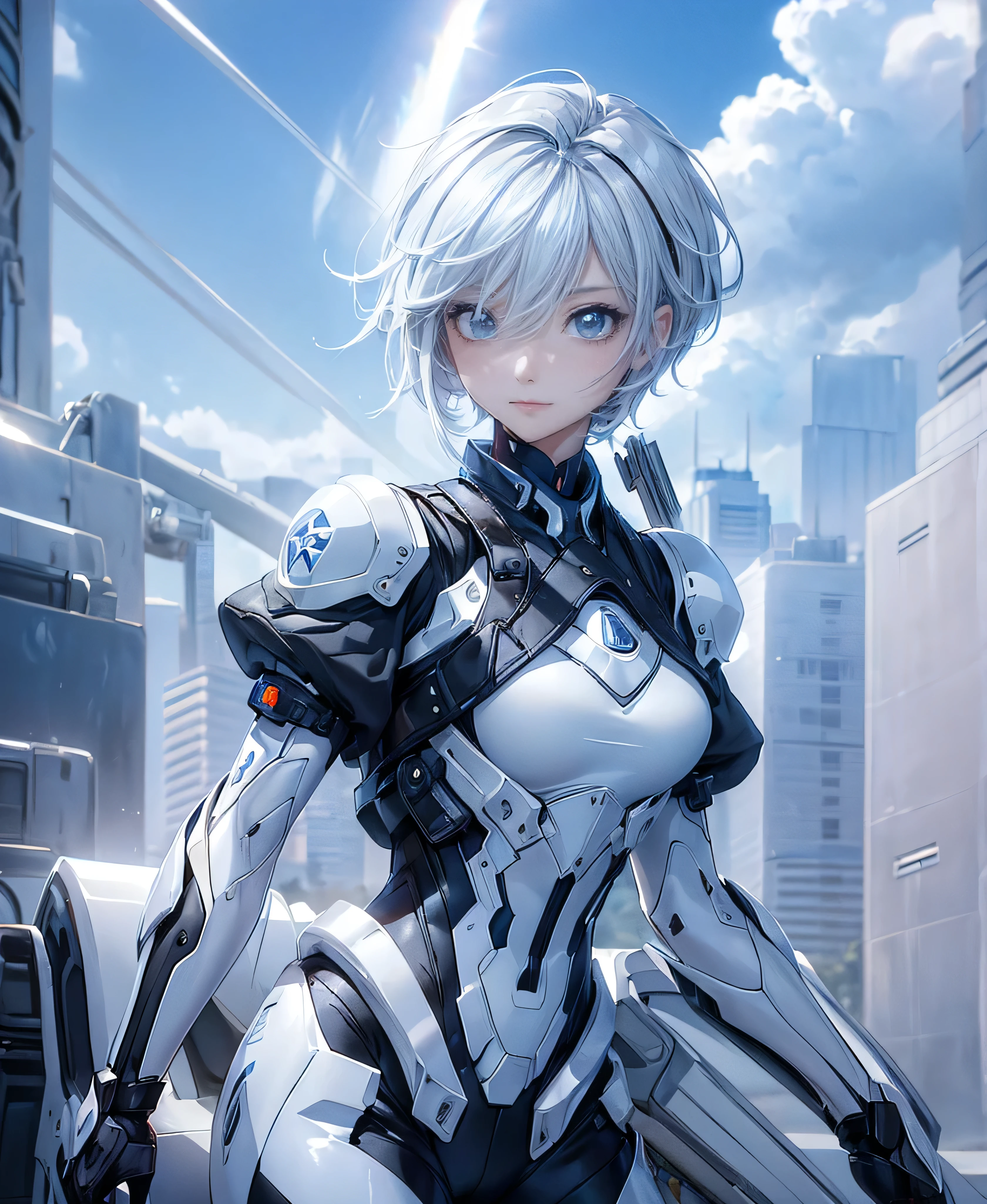 ((4K Works))、masterpiece、(Highest quality)、One beautiful girl、The body is slim、expensive、((Black Y-shirt and white pants、Charming street style))、Please wear a cropped jacket、(Beautiful eyes in every detail)、Morning City、Stylish city、During a walk、((short-haired gray hair))、((Makes your face smaller))、((Neutral face))、((Bright Blue Eyes))、((Adult female, 2))、((Cool woman))、((Like a celebrity))、((Korean Makeup))、((elongated and sharp eyes))、((boyish))、Professional photos、((Model Photo))、((Look up at the sky))、((Shooting from behind))、((She is looking upwards))、((Her eyes are looking up))、((Increase the angle of the face))、((She is walking in front of the viewer))、(Neckline), Elbow-length gloves、Knee-high boots
