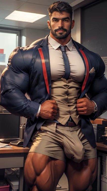 Indian weared business suit muscular man with handlebar mustache standing in the office, masterpiece , huge bulge, seductive, erotic, exotic moments