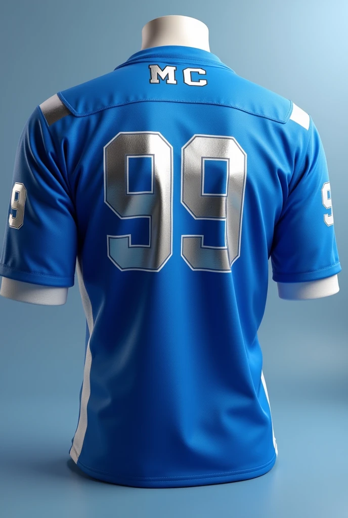 Create the back of a half sleeve interclass blouse using the blue background color ,with silver colors,white and blue with the name MC and the number 99