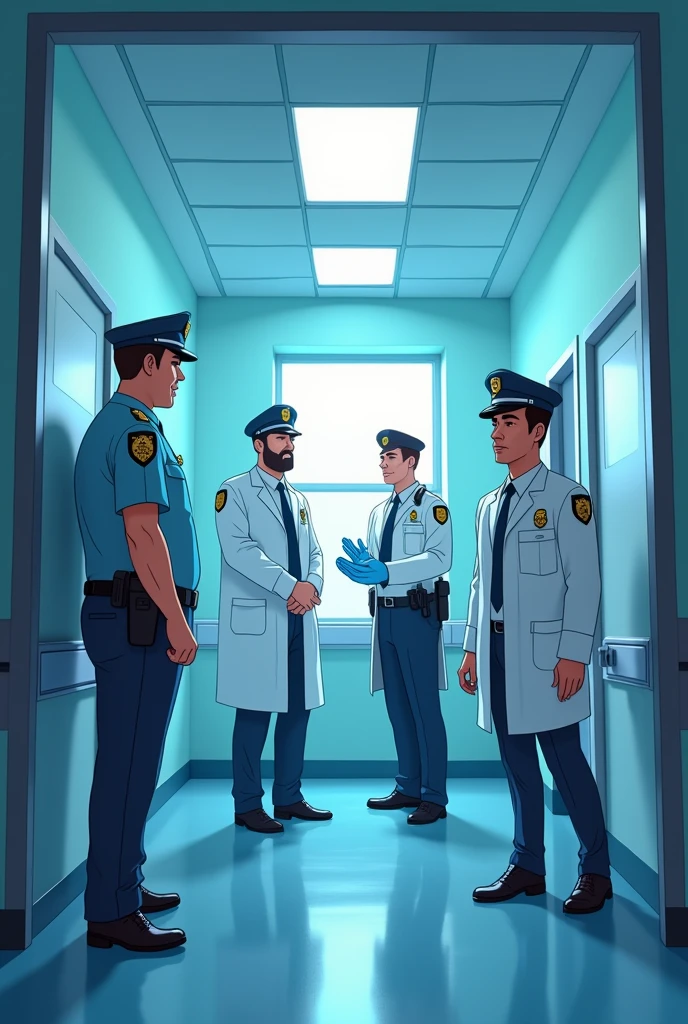 Imaging a crime scene, square frame, for animation, in room, in bright hospital, control environment, normal atmosphere, cartoon look, present police and detectives