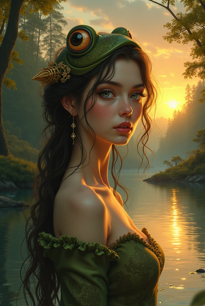 sensual gorgeous toad girl , colorful vivid,  expresive beautiful eyes, with the sun setting in the background of a beautiful lake between trees. Roxy Paine Loish , Anne Bachelier portrait style,intricate, highly detailed