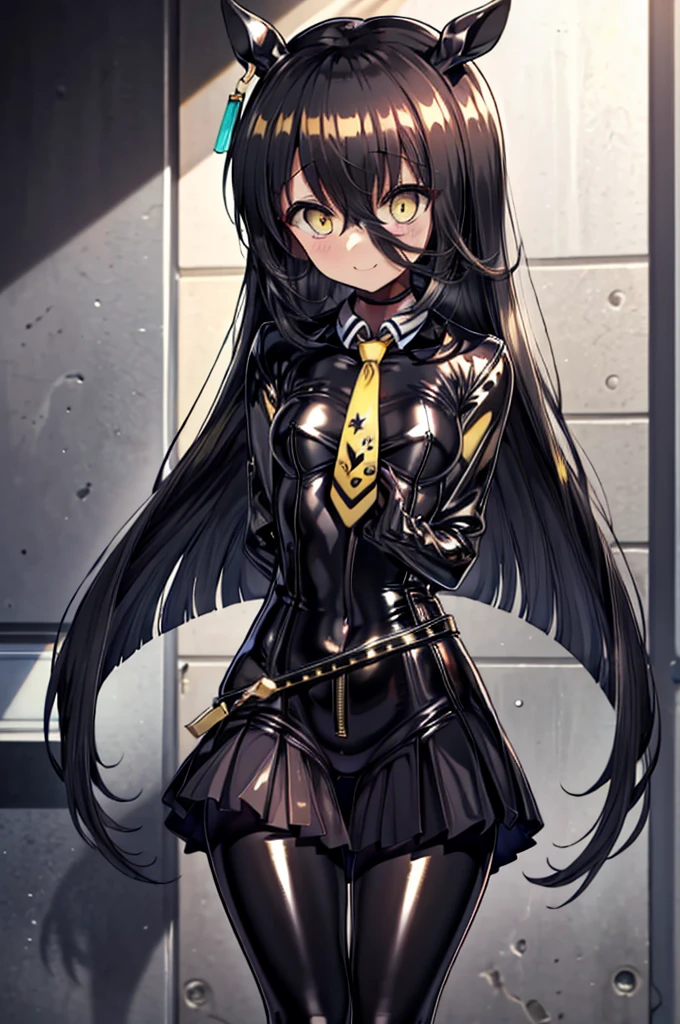 masterpiece, Highest quality:1.2), Manhattan Cafe(umamusume), One Woman, alone,Glowing Skin、Yellow Eyes、Eyes without highlights、Black Hair, Long Hair, Straight Hair, Thick legs、Are standing、Cowboy Shot、smile、((latex))、(Shiny black skirt, A shiny, light-reflecting rubber suit, Zipper stretches from neck to crotch)、Shiny yellow tie, ((Glossy black jacket, Light-reflecting jacket)), pantyhose、