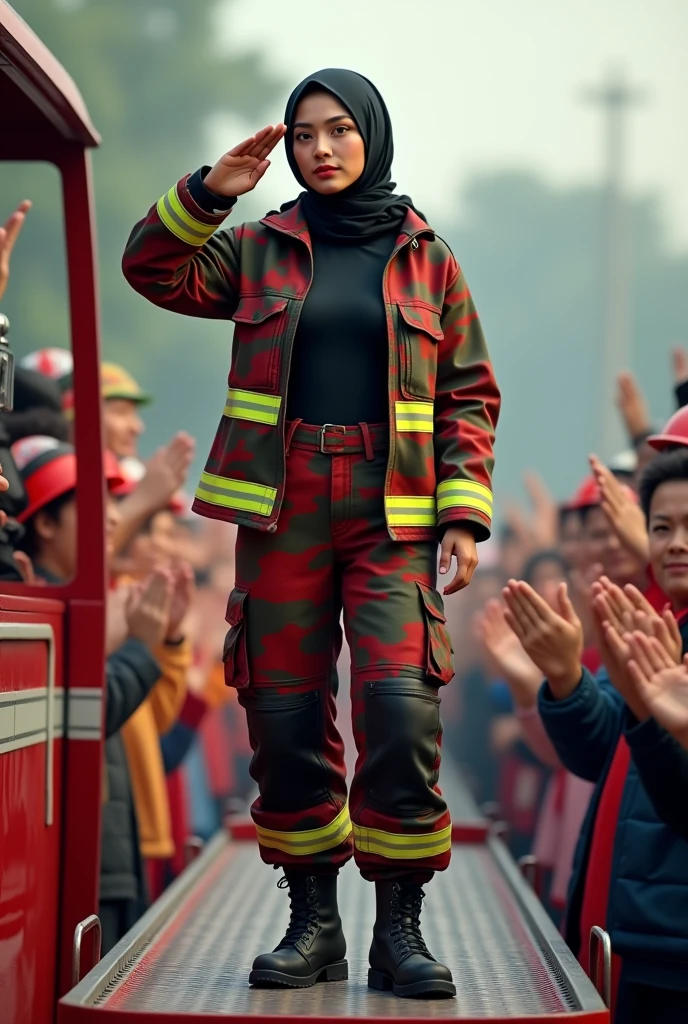 1 solo Malaysia women hijab black age 2s. Women Venus body type . Firefighter women . Loose shirt .Black shirt long sleeve salute position. Firefighter jacket camouflage red green black color. Cargo pant camouflage red green black. firefighter jumpsuit wear tight in . Very muscle body. many colorfull man cheerfull face clapping hand surrounded women . Standing on firetruck ladder