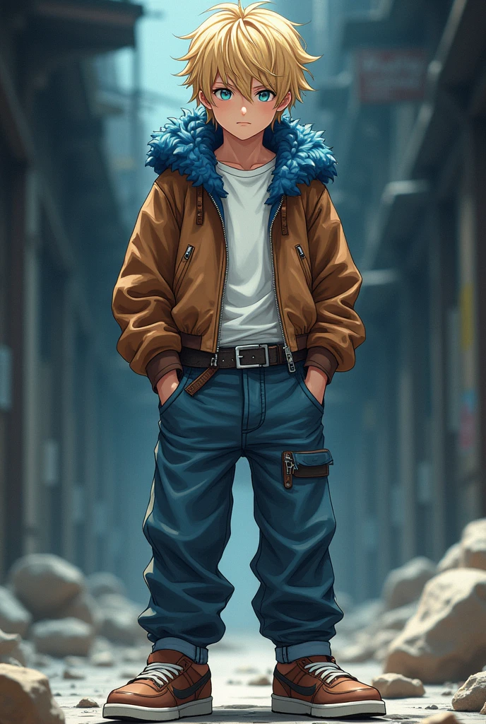 Death Note, adolescent, handsome, attractive, blond hair, eyes the color of honey, short and messy hair, Brown cropped leather jacket with blue fleece fur on the hood, white t-shirt tucked into his pants, baggy jean pants, black and silver belt, brown sneakers, anime, 4k, High Definition, imposing, superb, bright, full body image, Unrealistic