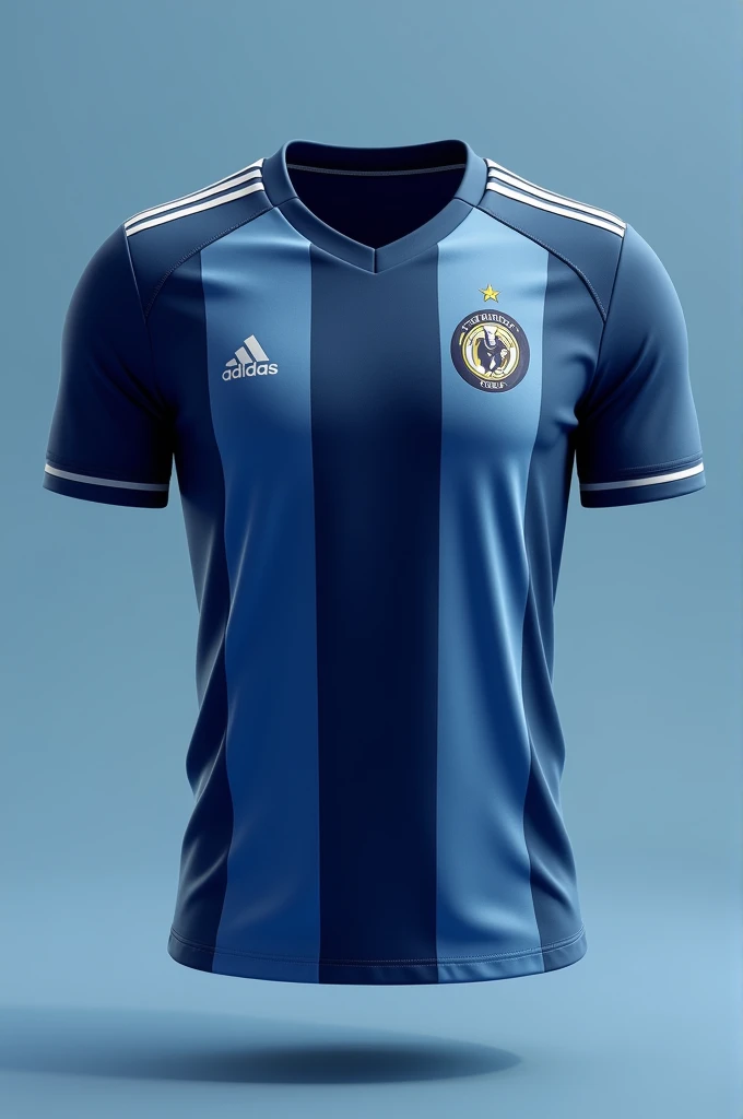 A soccer jersey model in dark blue color, a ray in light blue color
