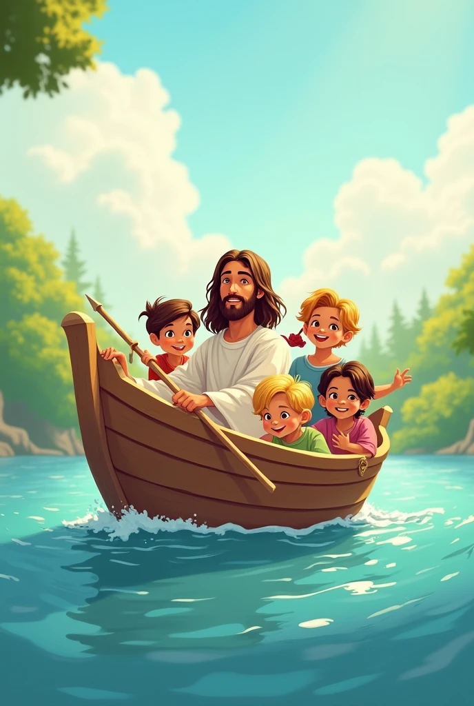 Cartoon image of Jesus sailing in a boat with some children