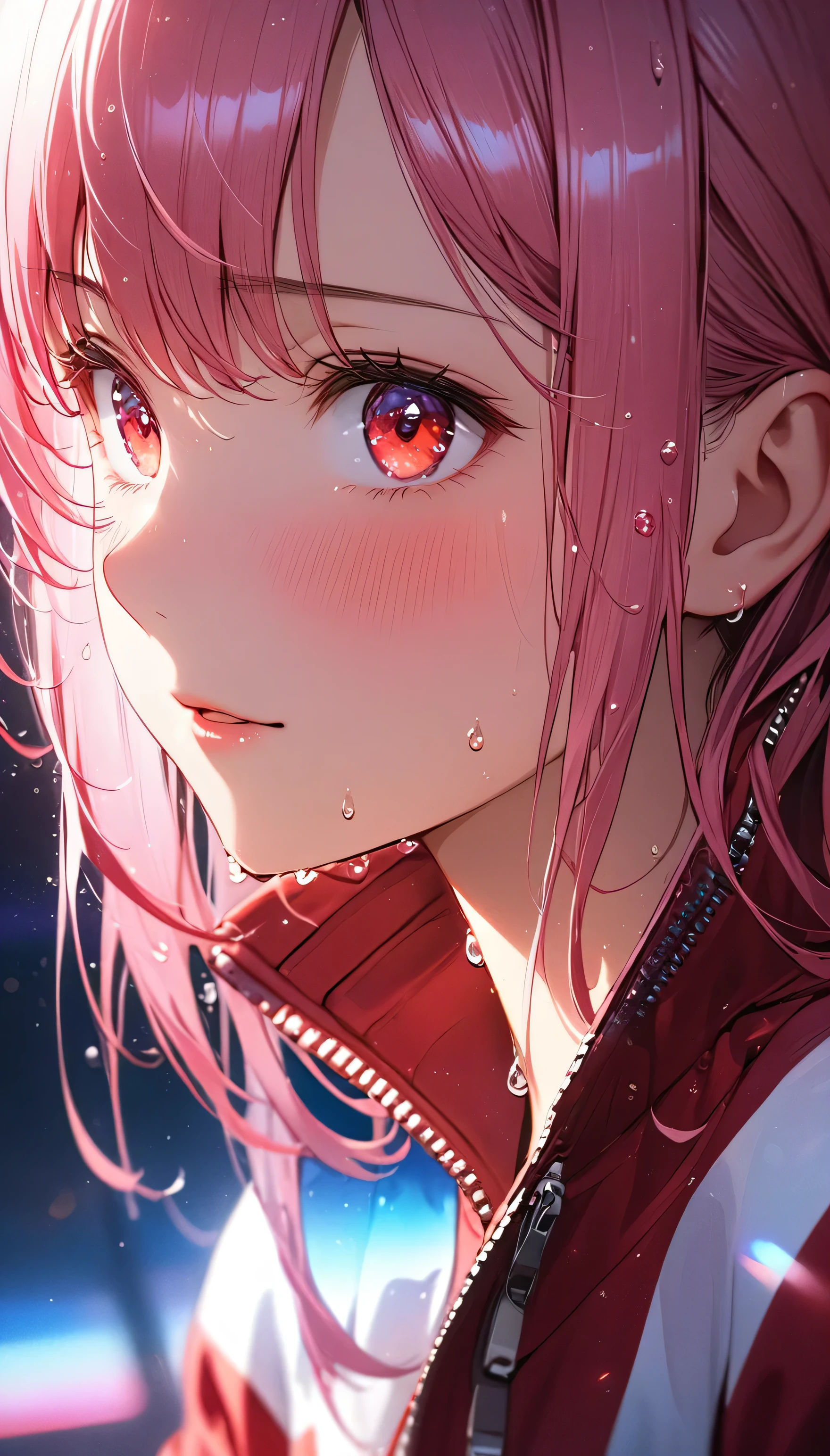(beautiful girl: 1.3),1girl,masterpiece, Highest quality, Ultra-high resolution,rich contrast,super high quality,8k,Highly detailed CG unit wallpaper,texture,Incredibly absurd,Ultra-high resolution,RAW Photos,Depth of Field 1.2,Pink Hair, (low twintails), (The jacket is a red track jacket.: 1.3),Ultra-detailed eyes,Red Eyes,(sensuous),Glowing Skin,blush,Sigh,((Sweat)),Wet,she is riding a bicycle,Big Ass,Light of the sun,(profile:1.5),Glitter effect,