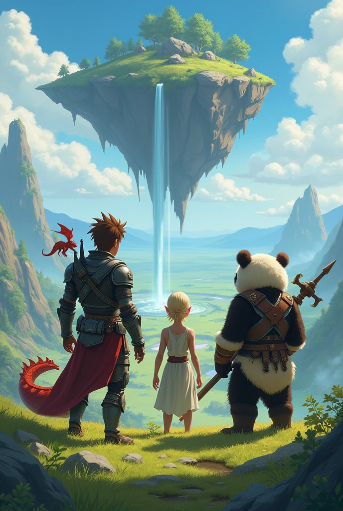 (uhd, masterpiece, anatomically correct, textured skin, super detail, high details, best quality, highres, 8k), Three adventurers standing on a grassy cliff, The man is wearing light armor, Brown Hair, Hair that stands on end, A tiny red dragon is floating in the air next to the man, Elven women wear sleeveless dresses and , Blonde, Short Bob, Stand next to a man, The panda beastman wears heavy armor, Carrying a spear axe, Turning your back on the viewer, I can't see your face, The plain below the cliffs, Looking Down, Mr.々A land where fantasy creatures live, A waterfall flows down from a giant rock suspended in the air.