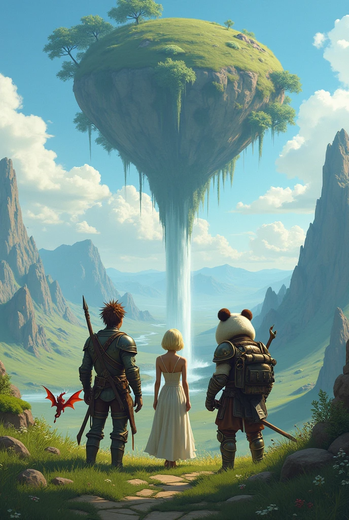 (uhd, masterpiece, anatomically correct, textured skin, super detail, high details, best quality, highres, 8k), Three adventurers standing on a grassy cliff, The man is wearing light armor, Brown Hair, Hair that stands on end, A tiny red dragon is floating in the air next to the man, Elven women wear sleeveless dresses and , Blonde, Short Bob, Stand next to a man, The panda beastman wears heavy armor, Carrying a spear axe, Turning your back on the viewer, I can't see your face, The plain below the cliffs, Looking Down, Mr.々A land where fantasy creatures live, A waterfall flows down from a giant rock suspended in the air.