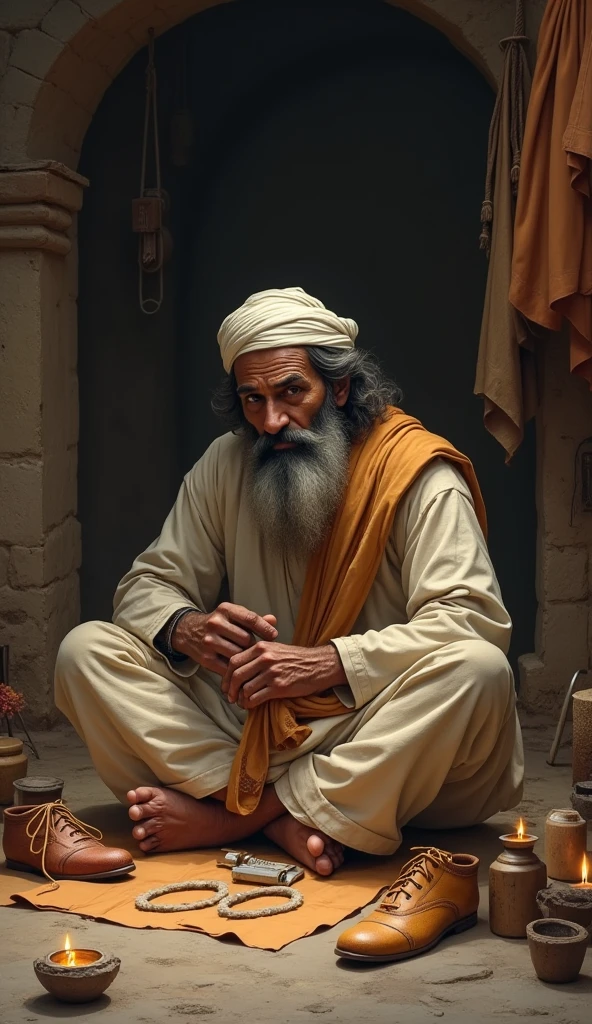 Depict Sant Ravidas in his workshop, creating shoes with his hands, surrounded by simple tools, while he sings a devotional hymn.