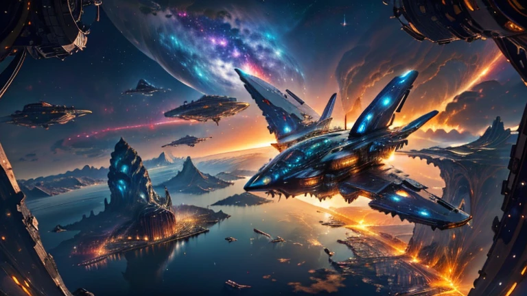 Super spaceship shaped like a ship hovering over a large lake, ultra detalhada, city in the distance, a nebula lighting up the sky, sci-fi, 