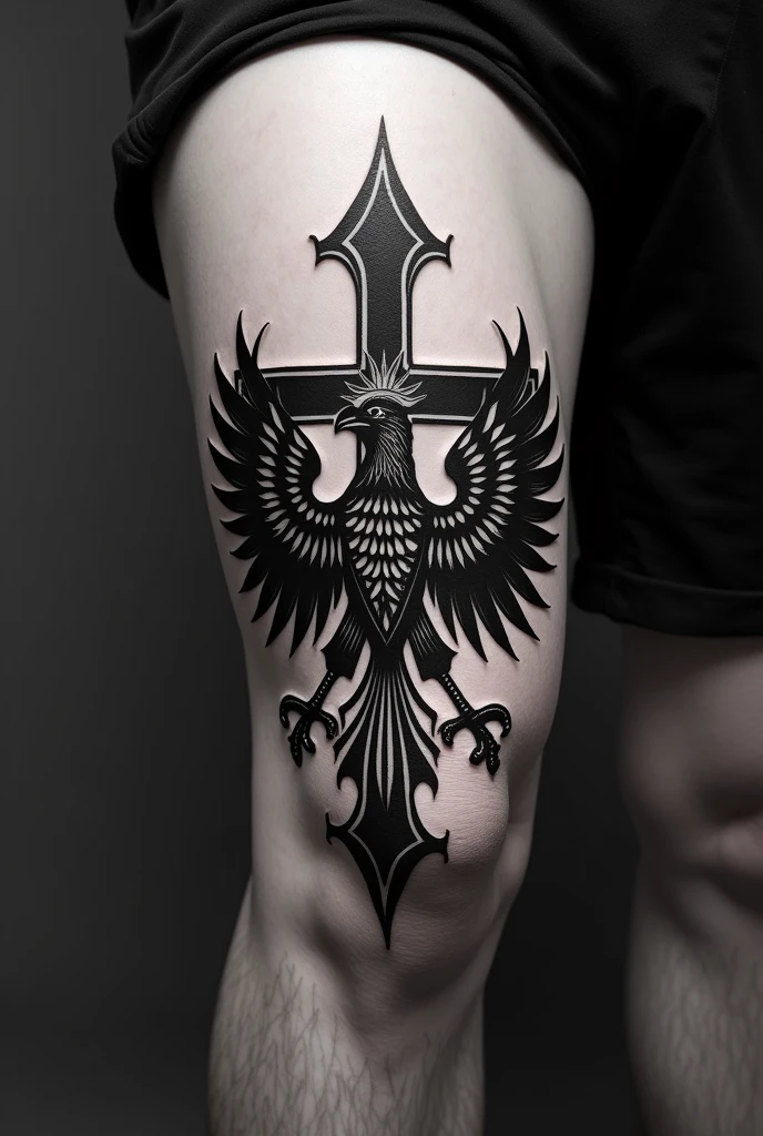 Tattoo on knee with cross and eagle Black and white with Poland flag