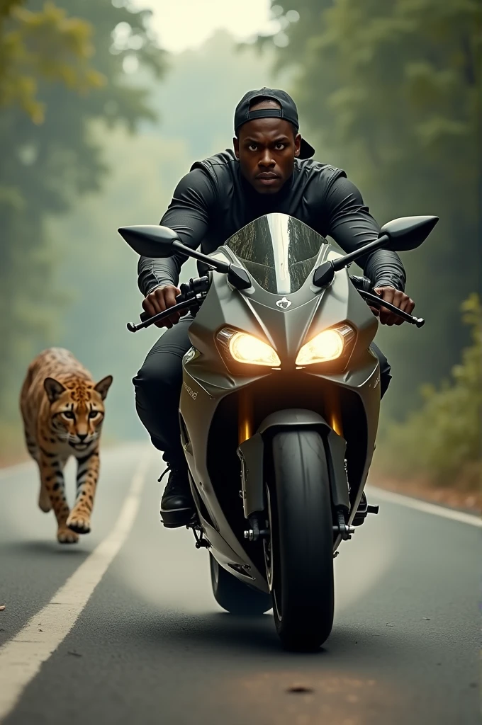 A black man with a backwards cap, wearing sports clothes, scared on a road with trees around him on top of a sports bike and an ocelot running behind him.