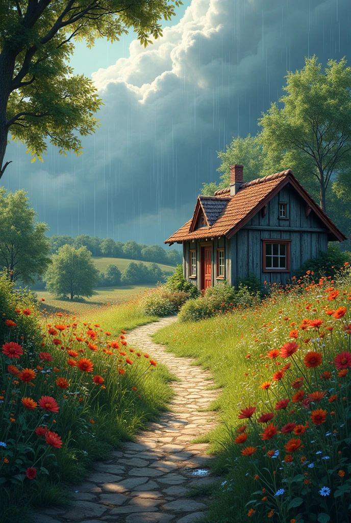 illuminated by sunlight breaking through, creating a striking contrast with the dark blue rain clouds. A narrow, winding path leads to the cottage, bordered by wildflowers in bright red and orange hues, and rich green grass. Small puddles form from the rain along the path. The overall atmosphere is peaceful and picturesque, with a harmonious blend of nature and tranquility, depicted in highly saturated colors to enhance the vividness and charm of
the landscape.