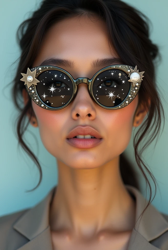 The model is wearing glass sunglasses with stars and the moon on the glass