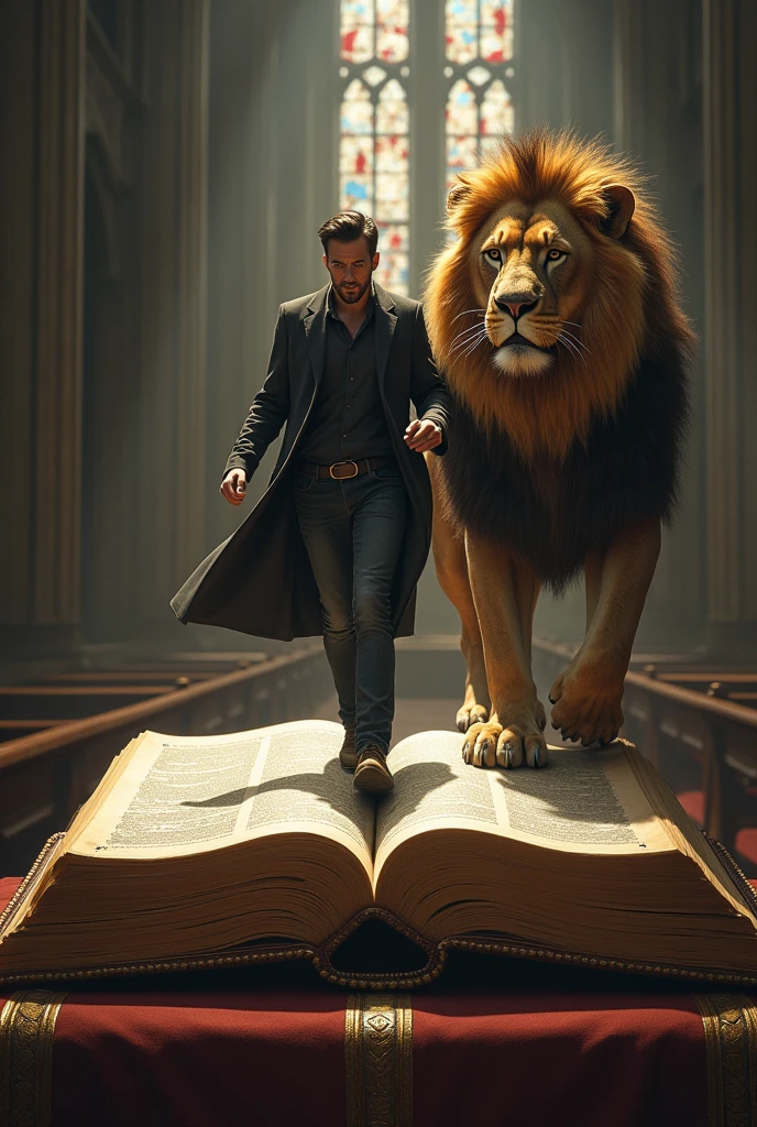 A person walking on top of the Bible next to a large lion