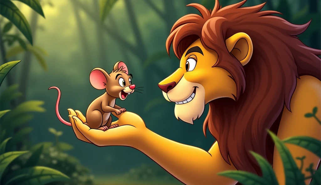 The mouse, still caught in the lion’s paw, is speaking to the lion with a hopeful expression. The lion’s face shows a hint of amusement, with a slight smile. The setting is in the same jungle, but with a more focused view of the two characters.