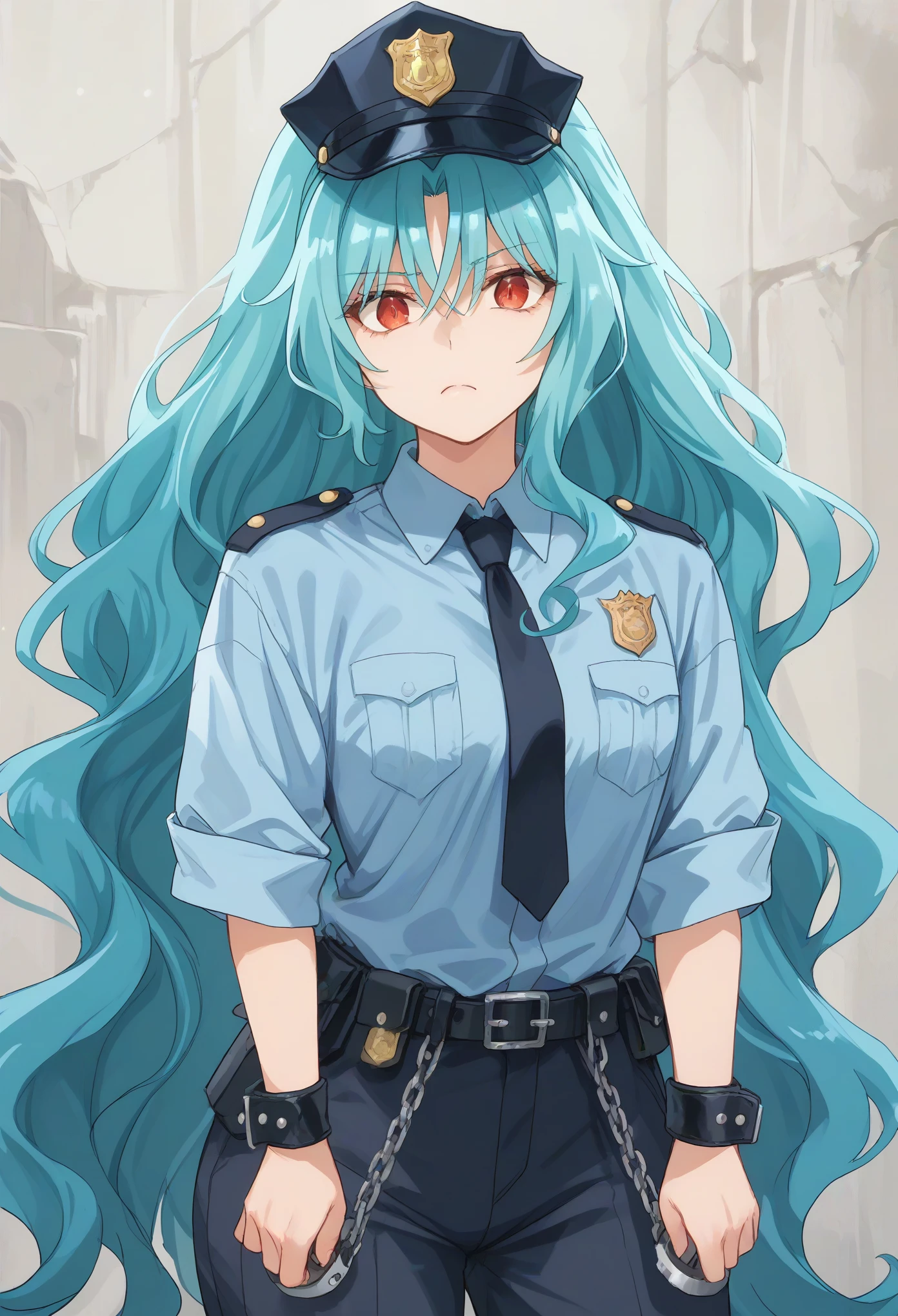 Expires in 13 Day(s) long hair aqua hair ponytail red eyes,slit pupils,police,policewoman,police uniform,police hat,cuffs,holding cuffs
