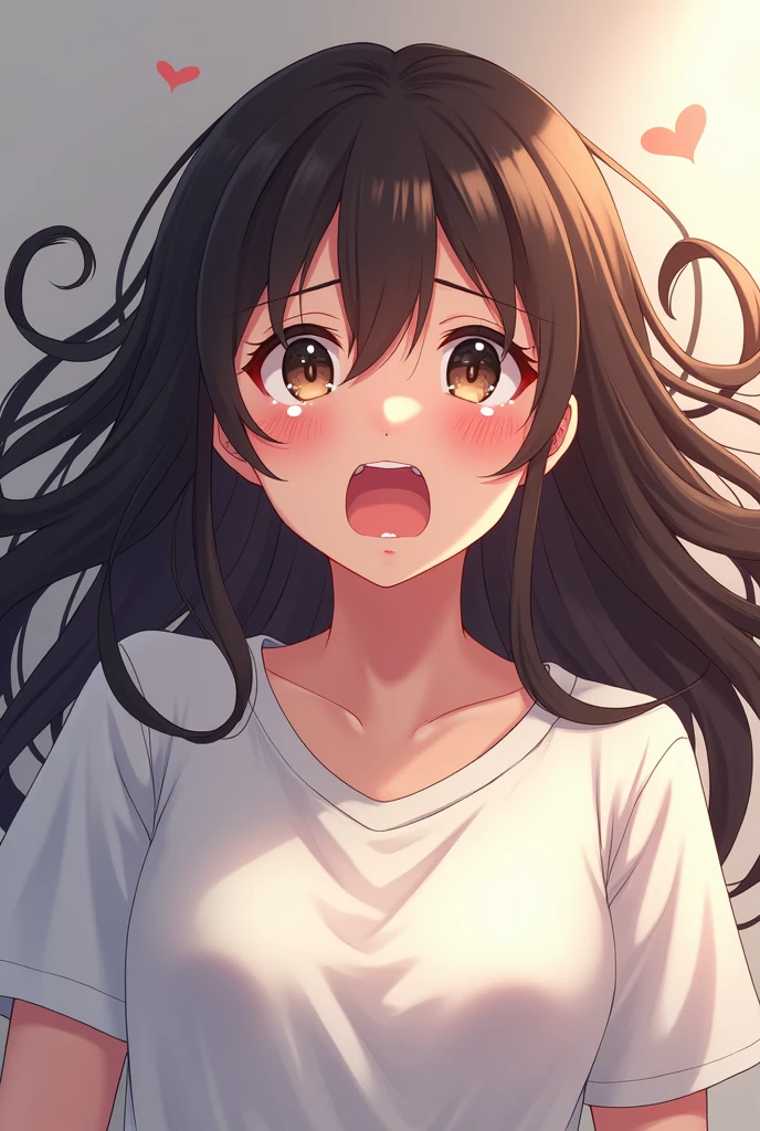 (((In this digital illustration, a 2 Japanese woman Tears are coming out of my eyes. Dark brown Medium hair.. Upper body above the waist. Medium hair. Wearing a large white shirt. sobbing, blush, sorrowful gaze, tearful, disgust. Her expression is crying. My cheeks are red. I'm sad. depicted in an anime-inspired style. I can see the whole body. I'm facing straight ahead. Big smile. His mouth is wide open. My cheeks are red. the flowing Dark brown Medium hair. of the character against a solid color background, emphasizing the anime art style. The artwork draws inspiration from anime and manga styles, with soft ambient lighting creating a gentle and flattering effect on the woman's long hair. The detailed digital illustration captures the beauty and elegance of the woman's long hair in a visually appealing manner.)))