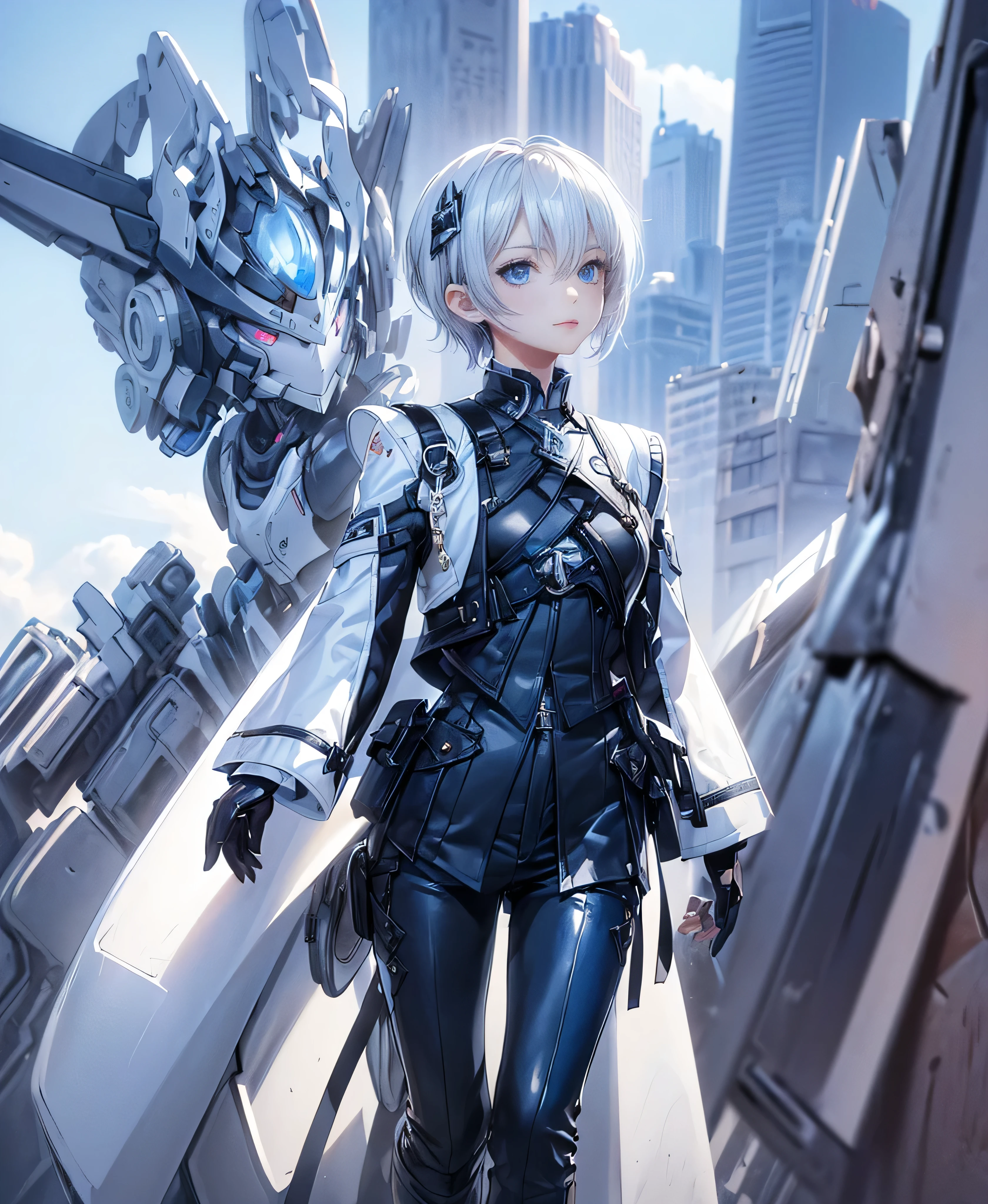((4K Works))、masterpiece、(Highest quality)、One beautiful girl、The body is slim、expensive、((Black Y-shirt and white pants、Charming street style))、Please wear a cropped jacket、(Beautiful eyes in every detail)、Morning City、Stylish city、During a walk、((short-haired gray hair))、((Makes your face smaller))、((Neutral face))、((Bright Blue Eyes))、((Adult female, 2))、((Cool woman))、((Like a celebrity))、((Korean Makeup))、((elongated and sharp eyes))、((boyish))、Professional photos、((Model Photo))、((Look up at the sky))、((Shooting from behind))、((She is looking upwards))、((Her eyes are looking up))、((Increase the angle of the face))、((She is walking in front of the viewer))、(Neckline), Elbow-length gloves、Knee-high boots