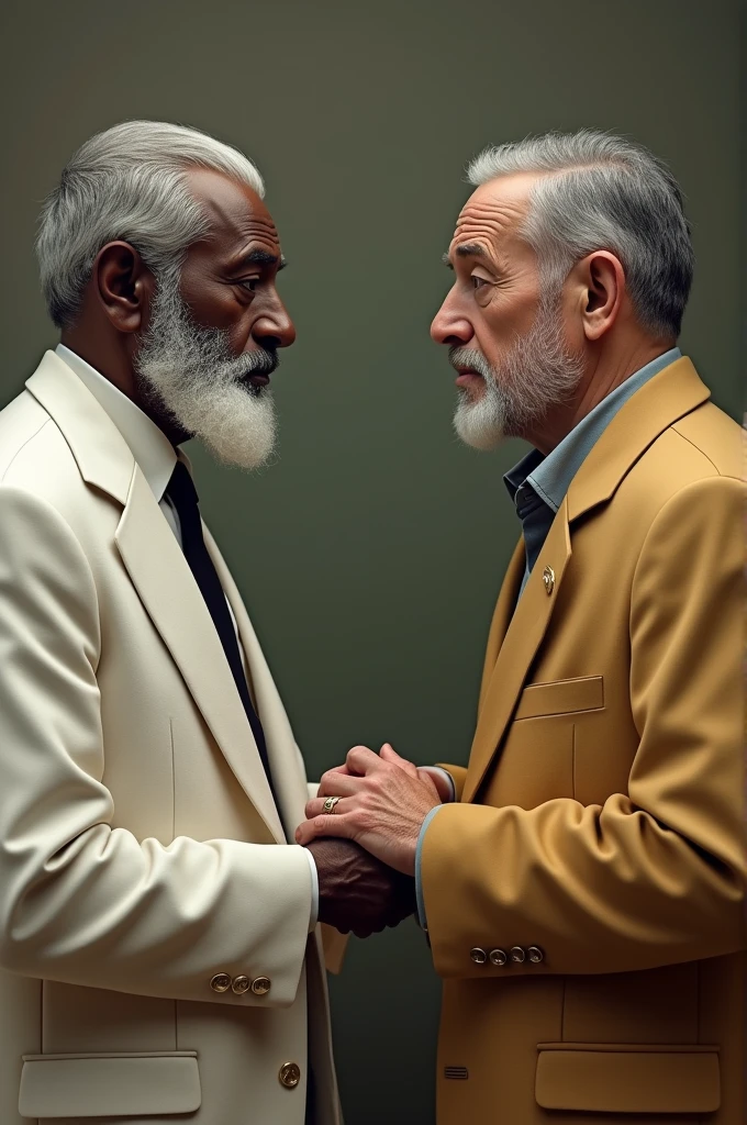 Create Don Pascual ( is a person ) I am an emigrant (is a person), makes Don Pascual black-skinned and dressed in a white suit and black tie, hacelo viejo con barba blanca y pelo blanco con canas I am an emigrants hacelo con traje dorado y tambien viejo con canas y barba en candado gris, make it white skin. Make them both shake hands