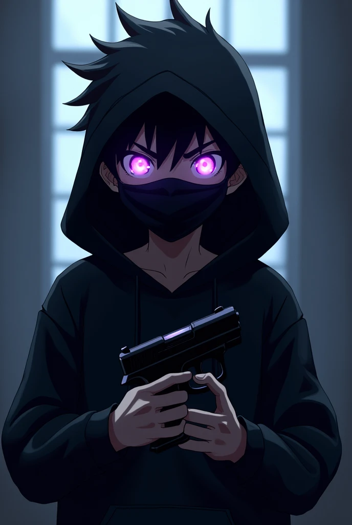 1 boy, he is a gang member and has purple glowing eyes with an evil face and slightly spiky hair with an evil and intimidating look with a black sweatshirt and a black mask covering his nose and mouth. , he has a black hood on his head , very intimidating , he has a pistol in his hands, 2D Anime .