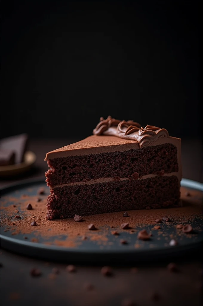 cinematic film still chocolate, chocolate cake, dark background, quality photo, moist texture, frosting, studio photo, slice . shallow depth of field, vignette, highly detailed, high budget, bokeh, cinemascope, moody, epic, gorgeous, film grain, grainy