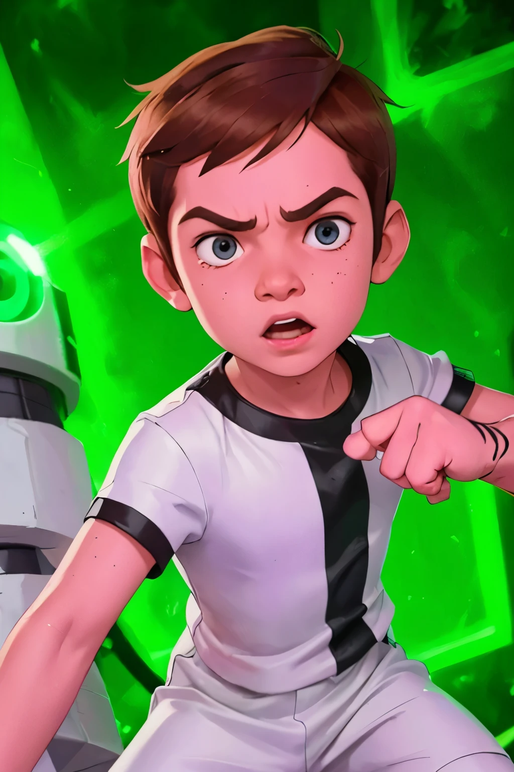 Movie poster, Ben 10 ((A child, *** ))), ((wearing a white outfit with black stripe in the center)), showing fist. ((( Machine on fist))) . ((Action facial expression )) . highy detailed, face detailed, realisitic, cinematic lighting, studio quality, proffesional, face detailed, intrikate, bright coloured. ((Comic lighting background)).