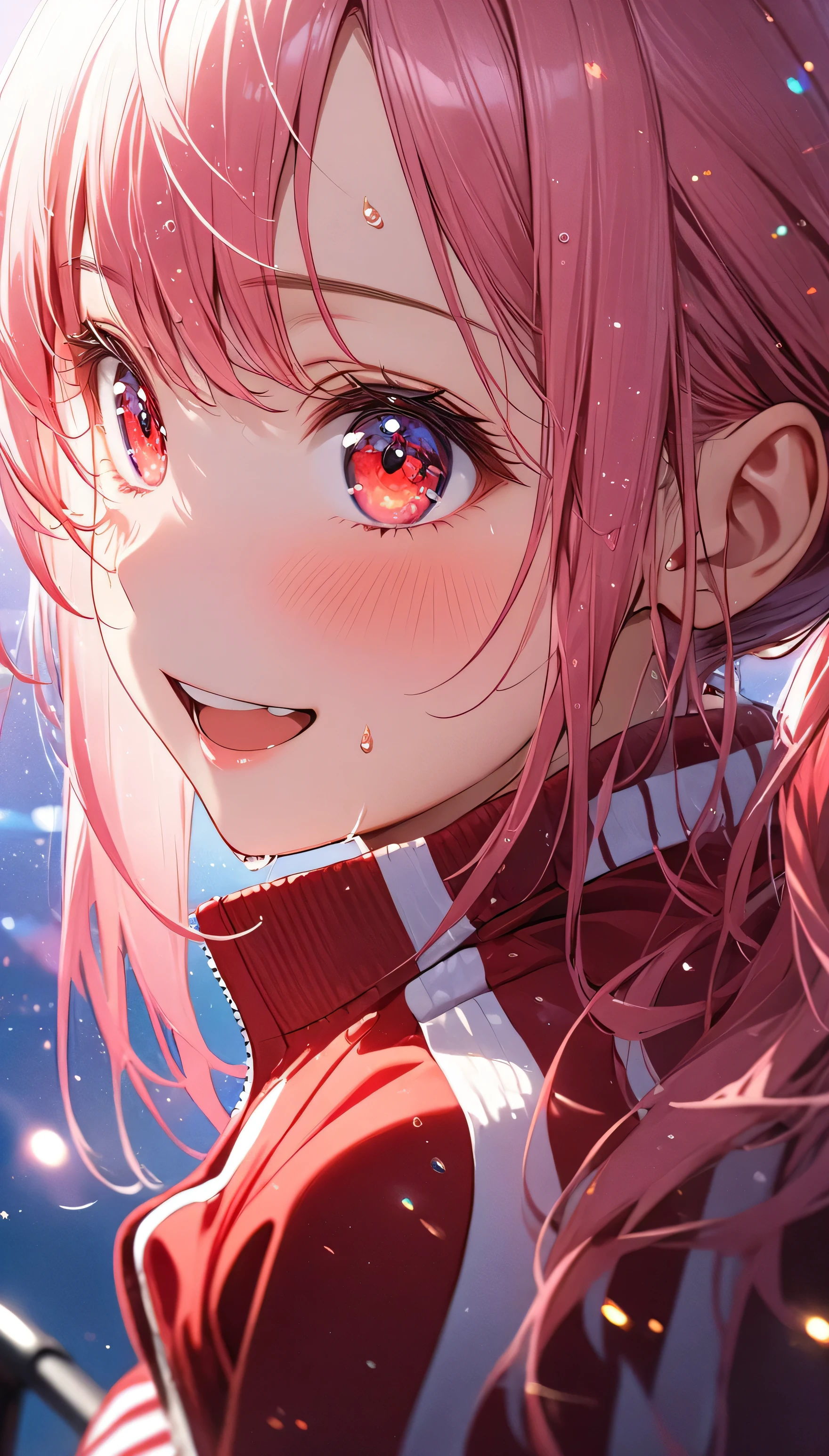 (beautiful girl: 1.3),1girl,masterpiece, Highest quality, Ultra-high resolution,rich contrast,super high quality,8k,Highly detailed CG unit wallpaper,texture,Incredibly absurd,Ultra-high resolution,RAW Photos,Depth of Field 1.2,Pink Hair, (low twintails), (The jacket is a red track jacket.: 1.3),Ultra-detailed eyes,Red Eyes,(sensuous),Glowing Skin,blush,Sigh,((Sweat)),Wet,she is riding a bicycle,Big Ass,Light of the sun,(profile:1.5),Glitter effect,smile,Excited