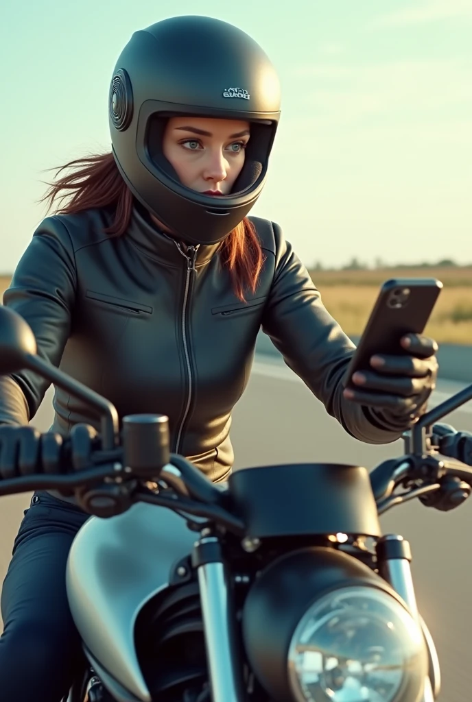 Woman on a motorcycle using her cell phone supported by the cell phone holder on the motorcycle&#39;s handlebars