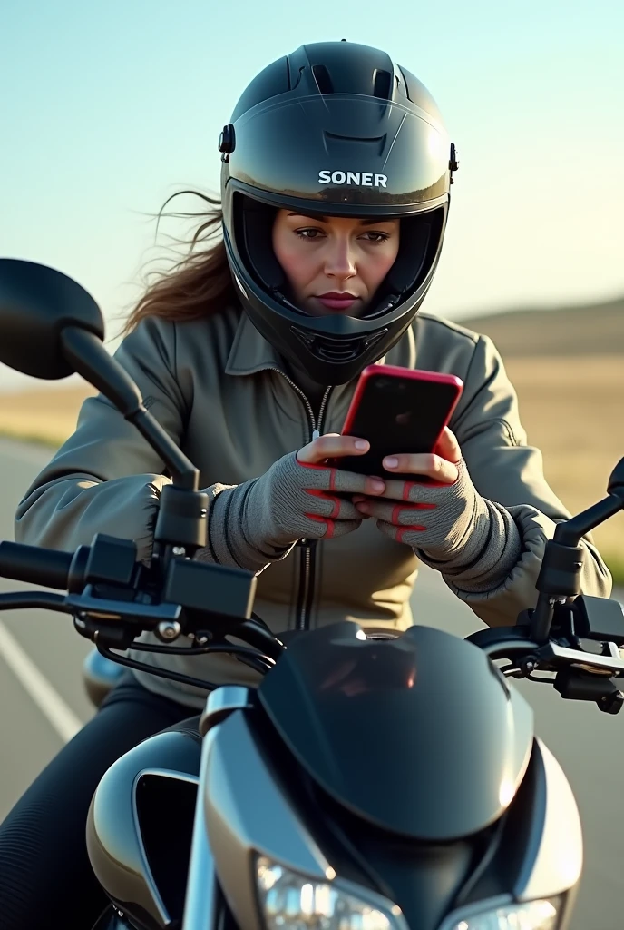 Woman on a motorcycle using her cell phone supported by the cell phone holder on the motorcycle's handlebars