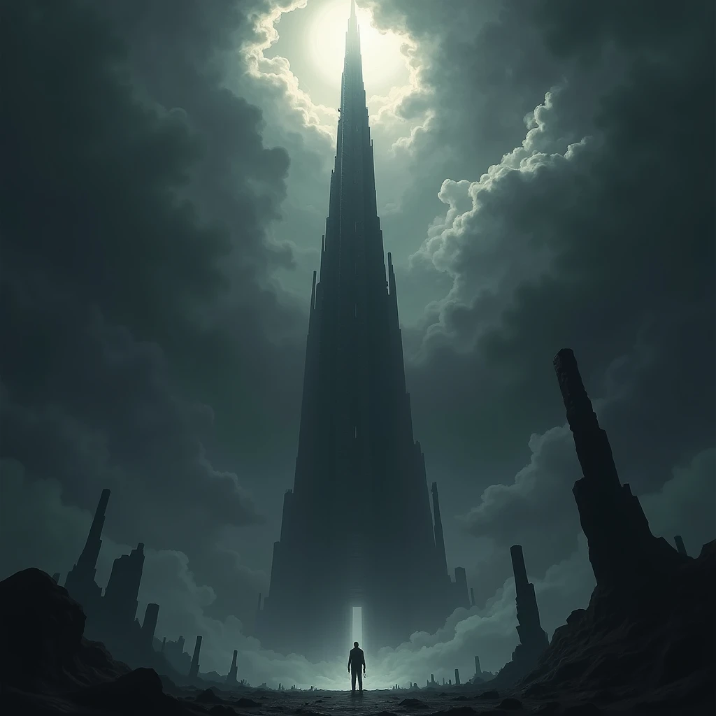 no person appears in the scene, just a thin, very tall tower, reminiscent of the tower of babel, as if reaching the heavens, the sky has clouds as if it were pierced by the tower, the dark and obscure scene, There is a feeling of tension as the tower breaks and collapses.