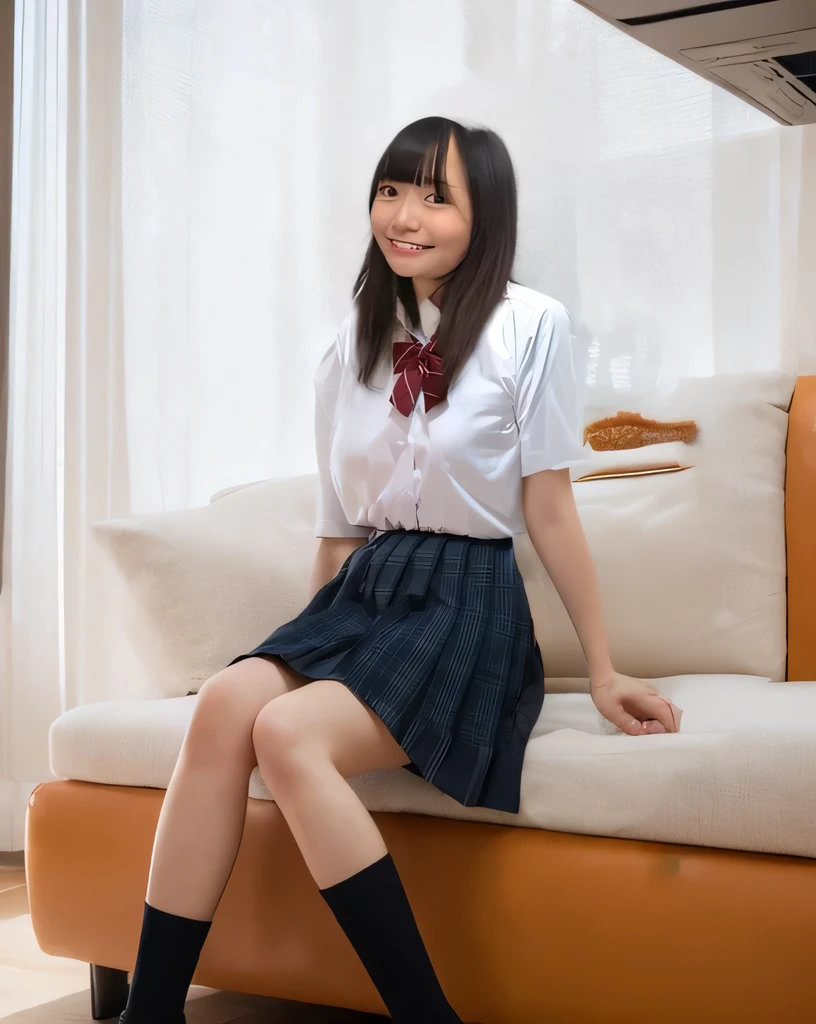 Super detailed,Highest quality,1 female,sitting on a big white sofa,Looking up at me,Sitting with knees together,White short sleeve blouse,She is wearing a checkered pleated mini skirt,Black socks,Posing for a photo,The background is blurred