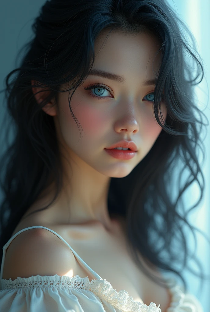 realistic young french woman with big blue eyes and black hair, swarm light, photorealistic