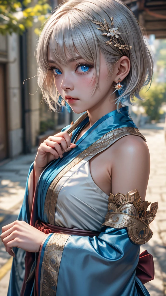 1 girl, short hair, shill, shut your mouth, hair accessories, details, blue eyes,Wearing a miko costume,depth of field, Side corners, surprised, earring, 