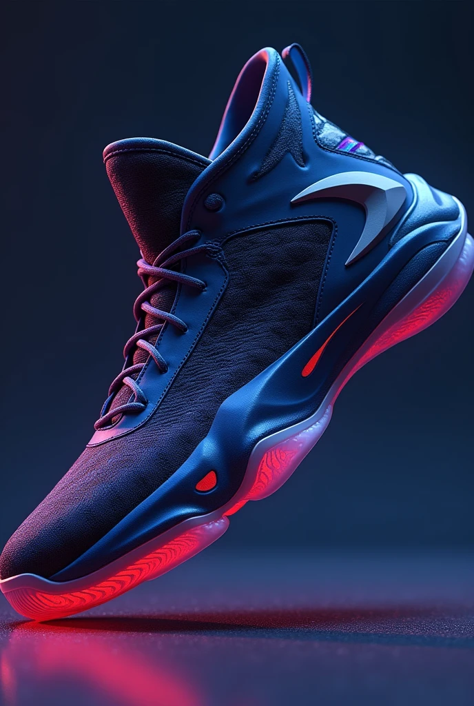 Basketball shoes with the best jumping technology with the best materials and the brand is called HZ with navy blue with dark purple and that have the shape of a megalodon