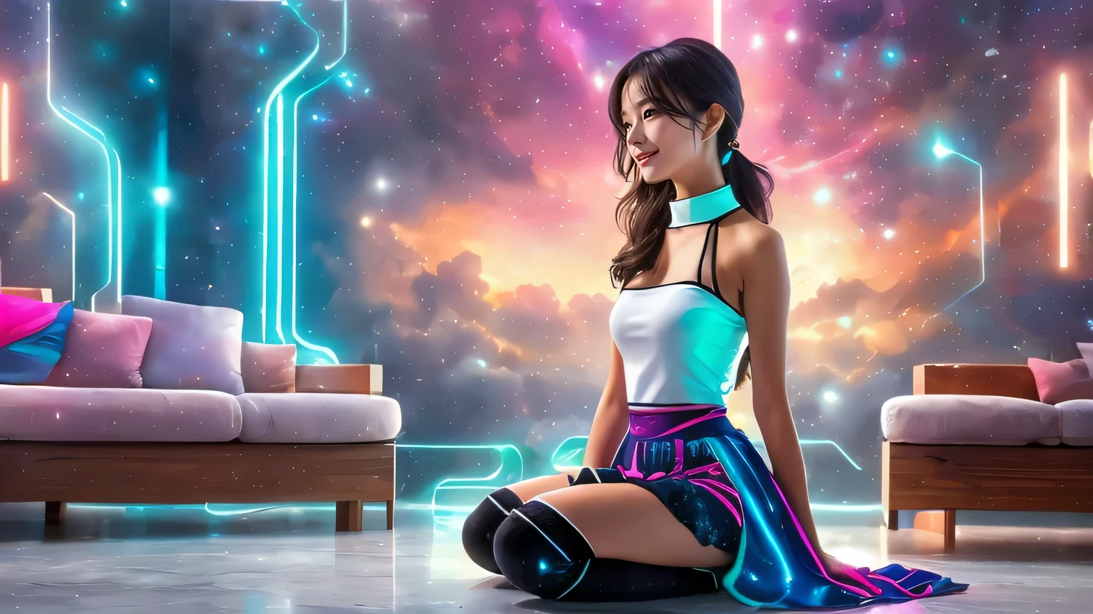 Masterpiece,high resolution,8k,Perfect Face,Perfect body。Smiling woman in futuristic costume, 20 years old, white panties。A realistic live-action Hollywood drama。