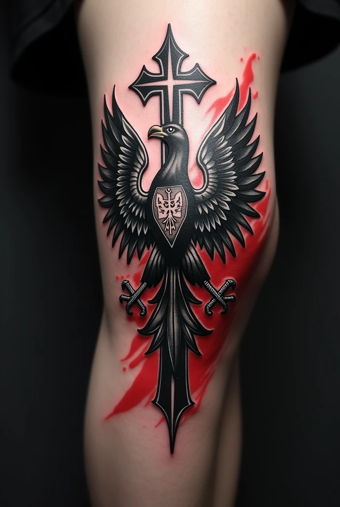 Tattoo on knee with cross and eagle Black and white with Poland flag
