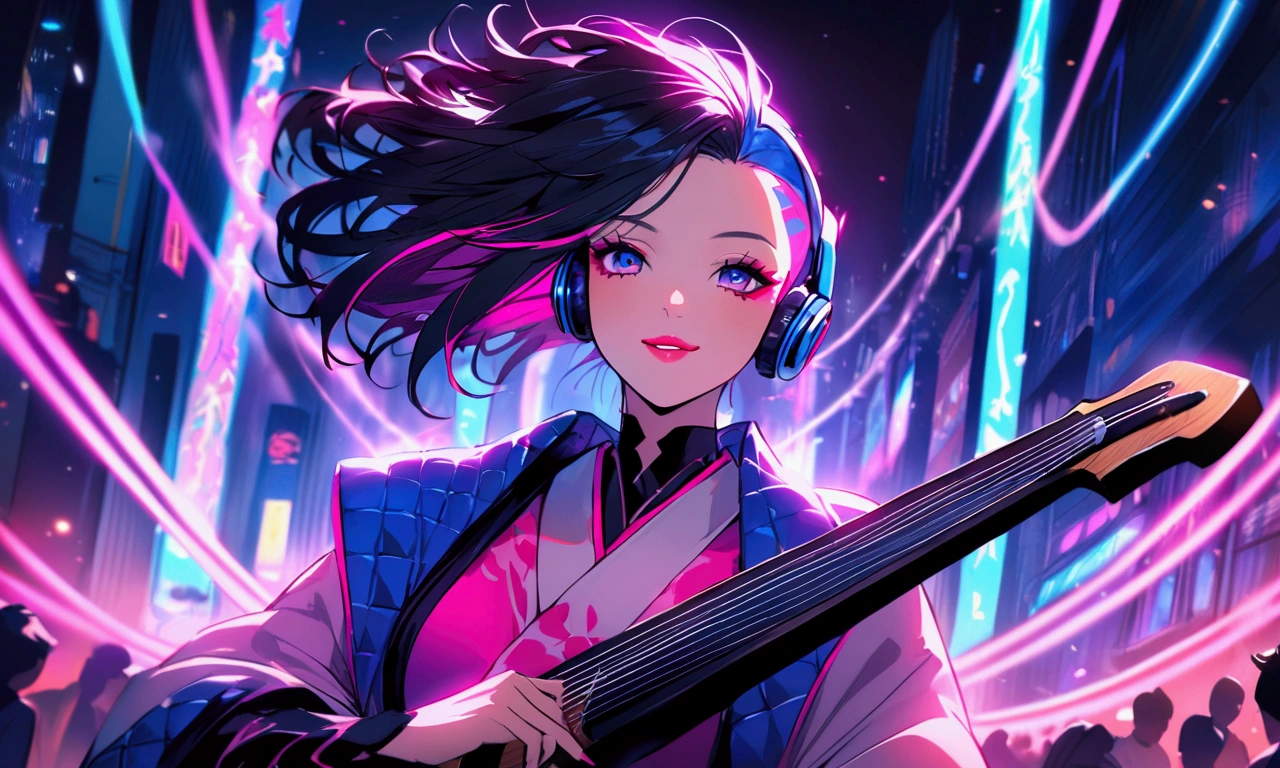 Close-up of a charismatic female samurai with makeup in bright pink and silver, creating a futuristic and vibrant appearance. Her hair is styled in an asymmetrical cut with a bold undercut, highlighted with neon pink streaks. She is immersed in playing a shamisen, wearing dazzling blue headphones. The background is a neon-lit street at night, filled with animated crowds and colorful lights, evoking a sense of excitement and movement.