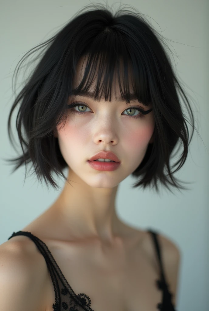 A WHITE, slim, de 1,61m with short shoulder length hair and slanted eyes with eyeliner
