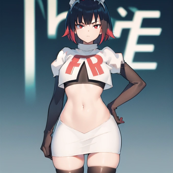 ellenjoe, ellen joe, black hair, colored inner hair, multicolored hair, (red eyes:1.3), red hair, short hair, two-tone hair,
BREAK ear piercing, fins, fish tail, maid headdress, piercing, shark girl, shark tail, tail, two-tone hair, team rocket,team rocket uniform,white skirt,red letter R,crop top,black thigh-highs,black elbow gloves,
BREAK looking at viewer, (cowboy shot:1.5),
BREAK (masterpiece:1.2), best quality, high resolution, unity 8k wallpaper, (illustration:0.8), (beautiful detailed eyes:1.6), extremely detailed face, perfect lighting, extremely detailed CG, (perfect hands, perfect anatomy), hourglass figure thick thighs wide hips long lashes