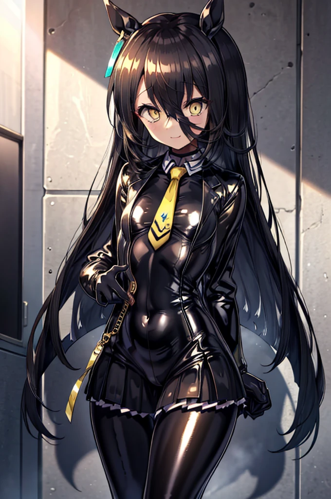 masterpiece, Highest quality:1.2), Manhattan Cafe(umamusume), One Woman, alone,Glowing Skin、Yellow Eyes、Eyes without highlights、Black Hair, Long Hair, Straight Hair, Thick legs、Are standing、Cowboy Shot、smile、((latex))、(Shiny black skirt, A shiny, light-reflecting rubber suit, Zipper stretches from neck to crotch)、Shiny yellow tie, ((Glossy black jacket, Light-reflecting jacket)), Rubber Room Quality Gloves, pantyhose、